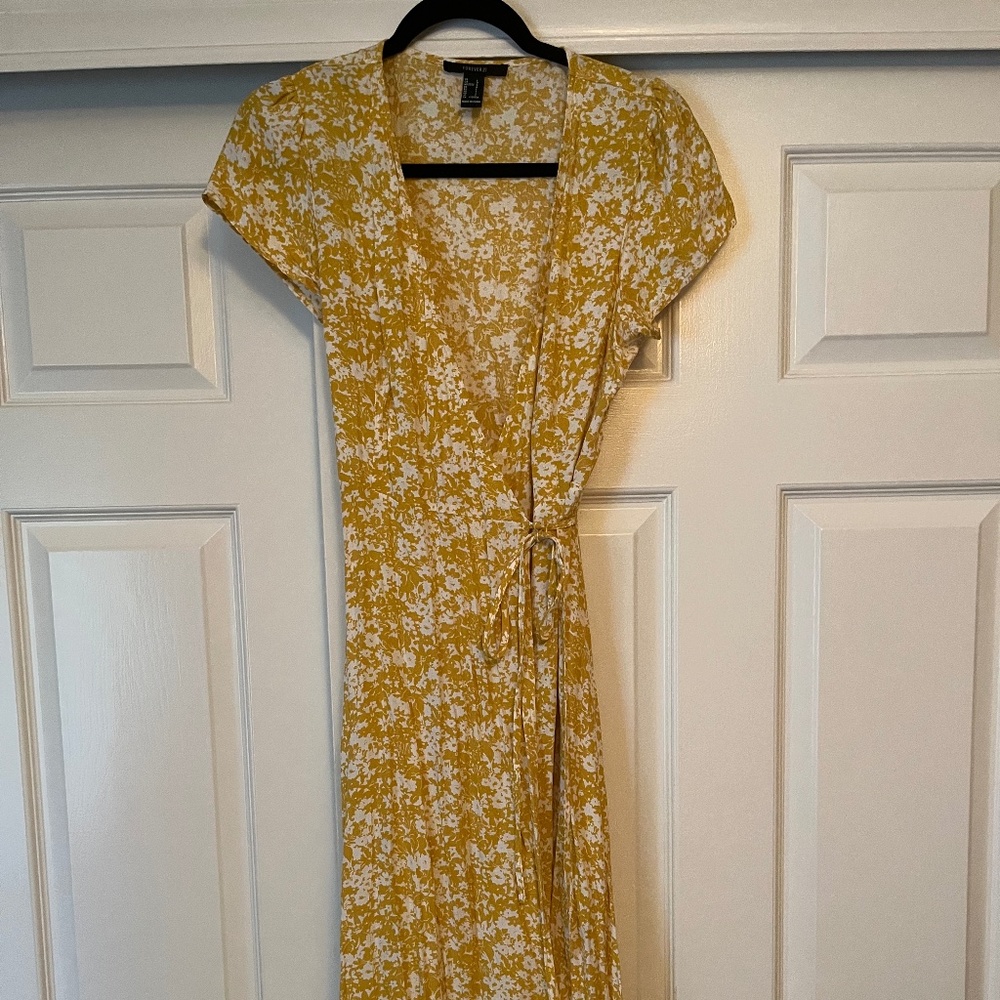 Yellow Floral Wrap Dress with Capped Sleeves